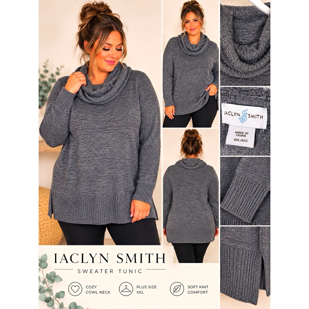 Jaclyn Smith Womens XXL Grey Cowl Neck Sweater Tunic Soft Knit Long Sleeve